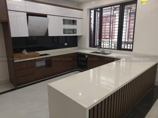 Tủ bếp thùng inox cánh Acrylic bóng gương