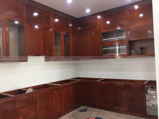 Tủ bếp chữ L gỗ xoăn đào cao cấp 1