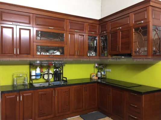 Tủ bếp chữ L gỗ xoăn đào cao cấp