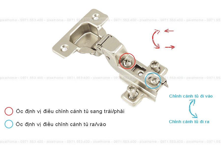 Điều chỉnh cánh tủ ra vào / trái phải thông qua ốc định vị