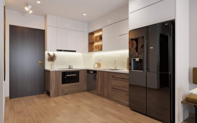 Tủ bếp gỗ công nghiệp bề mặt phủ Melamine