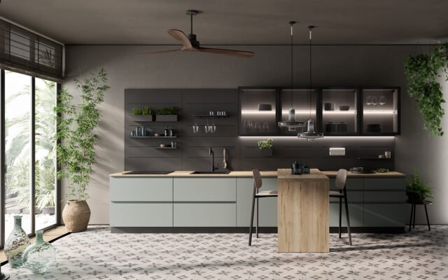 Tủ bếp gỗ công nghiệp kết hợp với cánh kính hiện đại