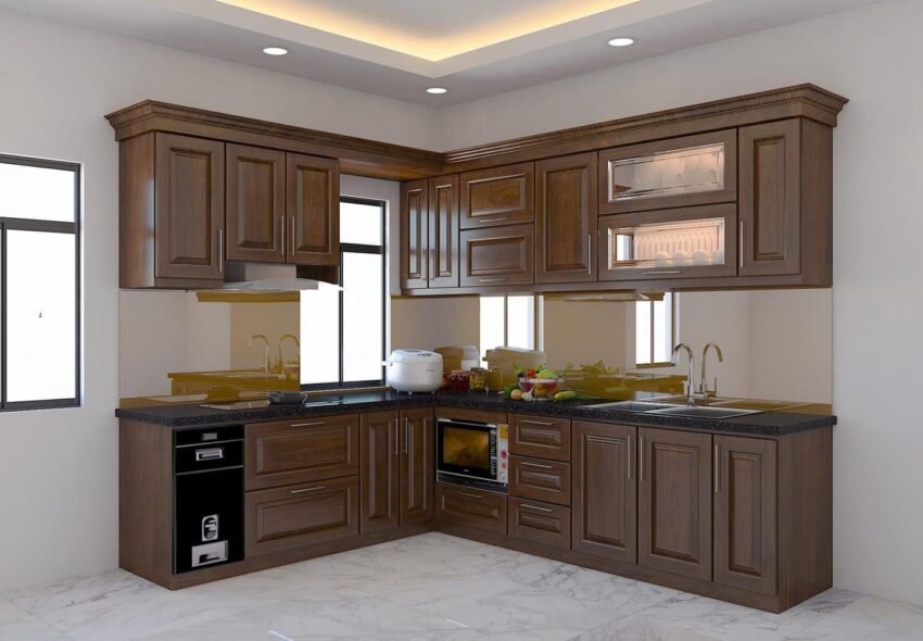 Tủ bếp gỗ sồi phun sơn màu óc chó