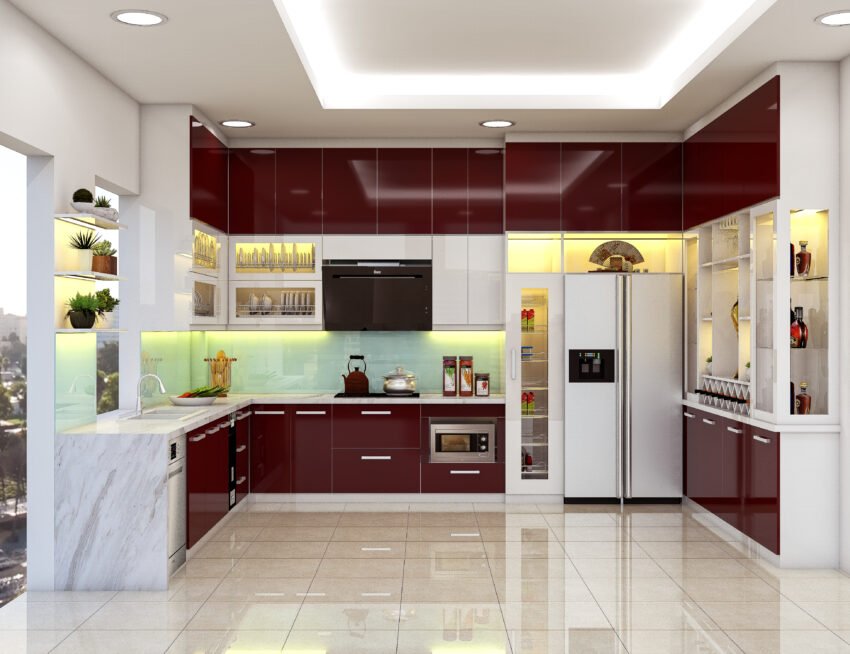 Tủ bếp nhựa cánh phủ acrylic cao cấp màu đỏ